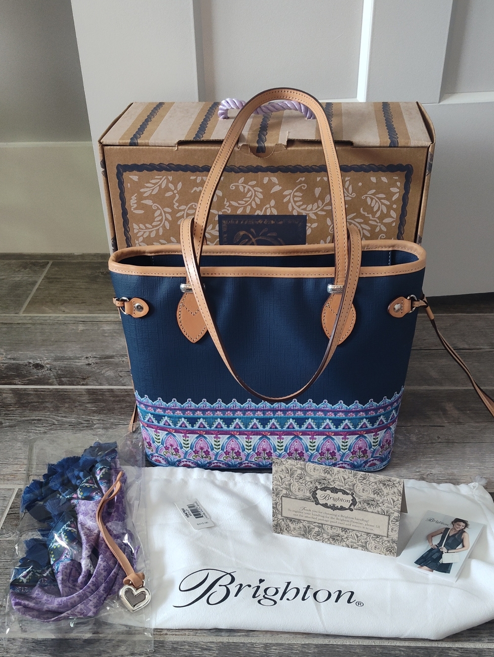 Brighton Navy and Tan Pattern Tote - Picture 1 of 8